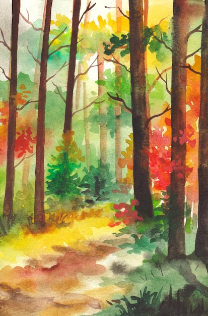 watercolor painting of spring forest