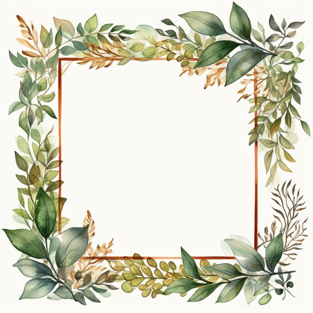 Photo a watercolor painting of a square frame with green leaves and branches generative ai