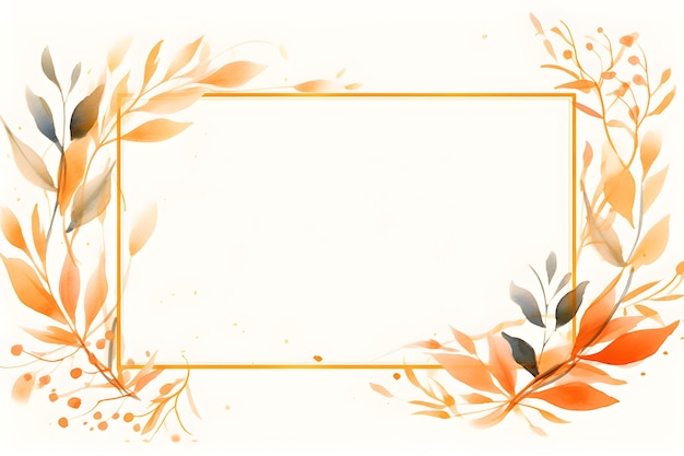 A watercolor painting of a square frame with leaves abstract orange foliage background with negative