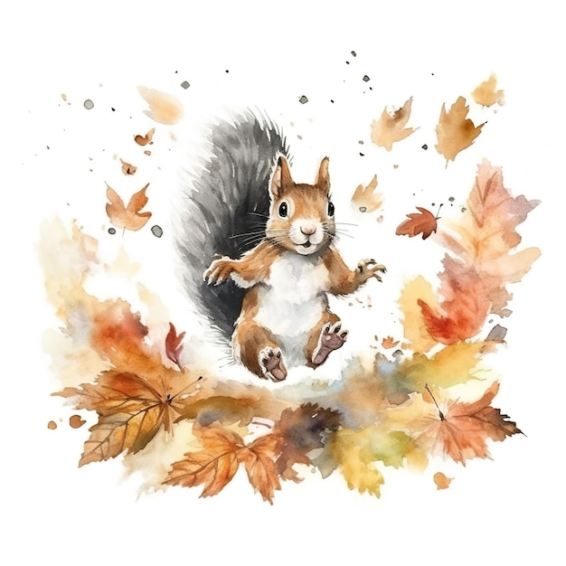 A watercolor painting of a squirrel sitting on a branch Generative AI image