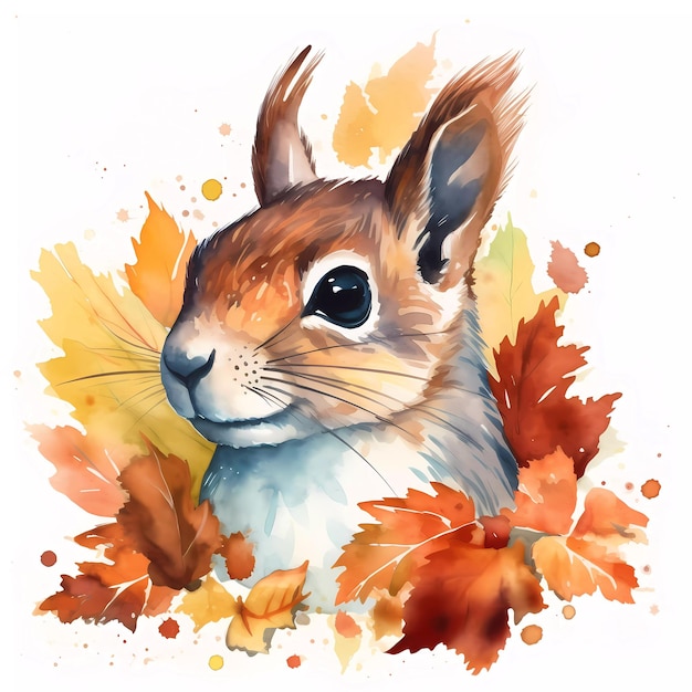 A watercolor painting of a squirrel with autumn leaves.