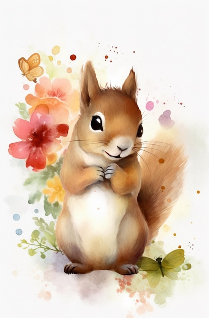 A watercolor painting of a squirrel with flowers and butterflies