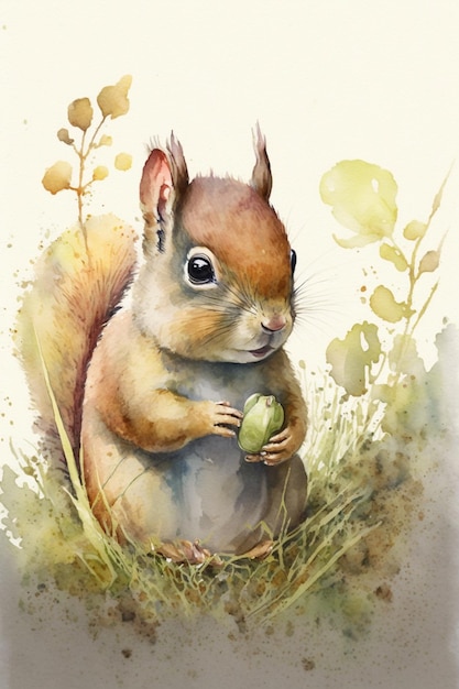 A watercolor painting of a squirrel with a green egg.