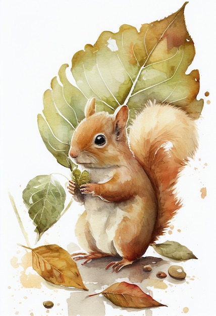 A watercolor painting of a squirrel with a leaf.