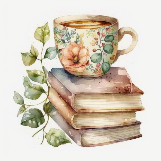 Watercolor painting of a stack of books with a cup of coffee on top