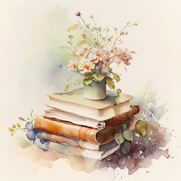 그 위에 꽃병이 있는 책 더미의 수채화 그림.