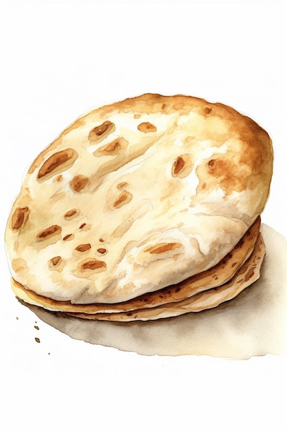 A watercolor painting of a stack of flatbreads.