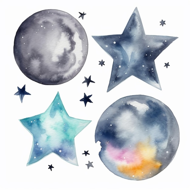 A watercolor painting of stars and planets.