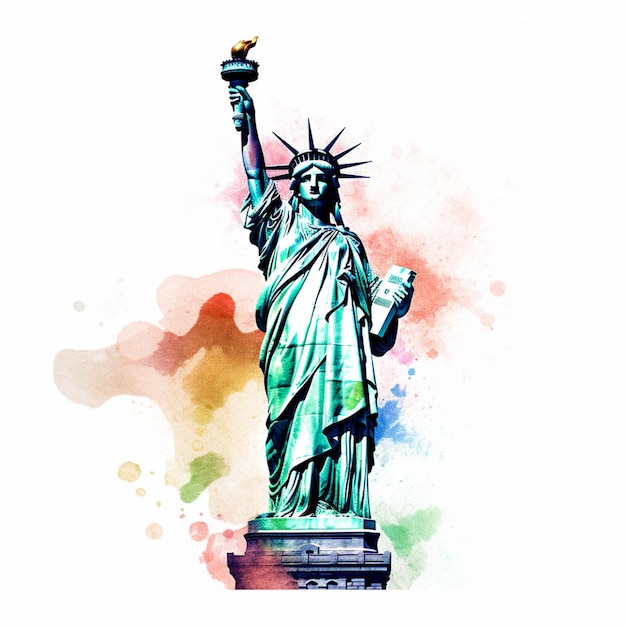 A watercolor painting of the statue of liberty with a piece of paper in the middle.