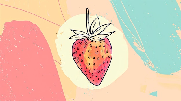 A watercolor painting of a strawberry The strawberry is red and has green leaves The background is a light pink