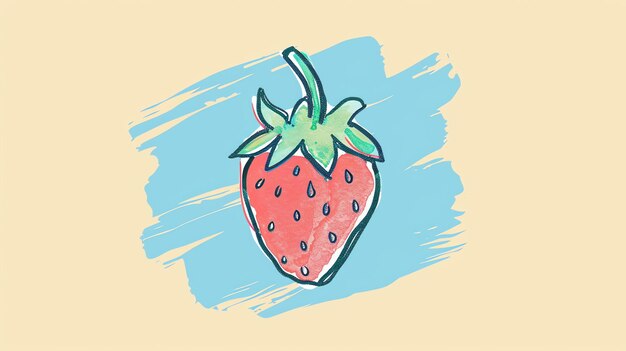 Photo a watercolor painting of a strawberry the strawberry is red and has green leaves it is set against a pale blue background