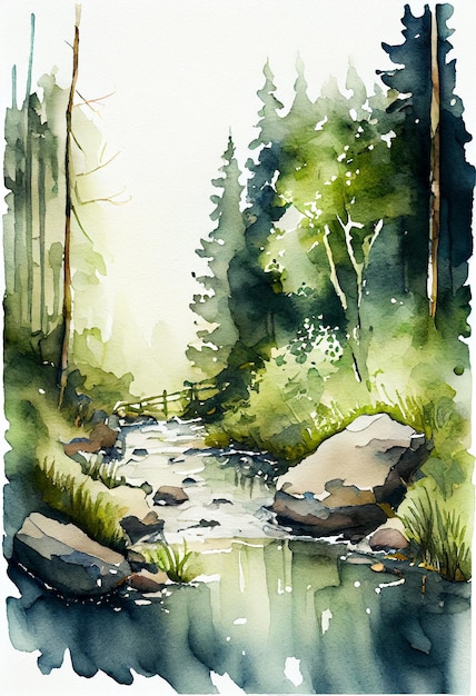 Watercolor painting of a stream in the forest