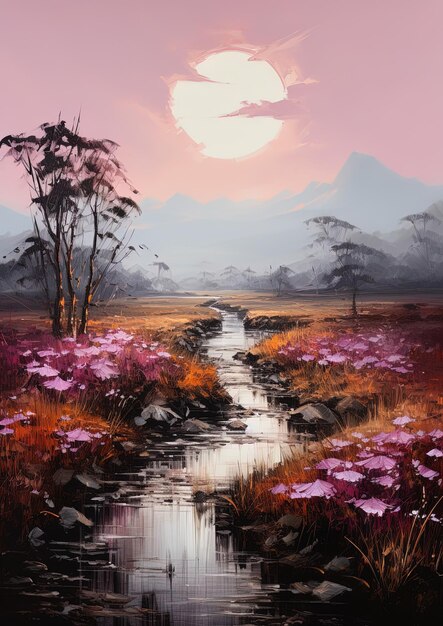 流れと山の水彩画で背景に日没が描かれています