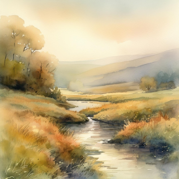 Watercolor painting of a stream in the mountains