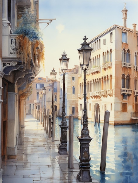 a watercolor painting of a street with a lamp post and buildings.