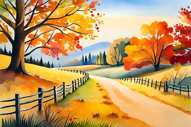 Watercolor painting style autumn landscape with country road Generative AI illustration