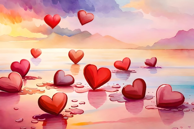 Watercolor painting style surreal landscape with red hearts