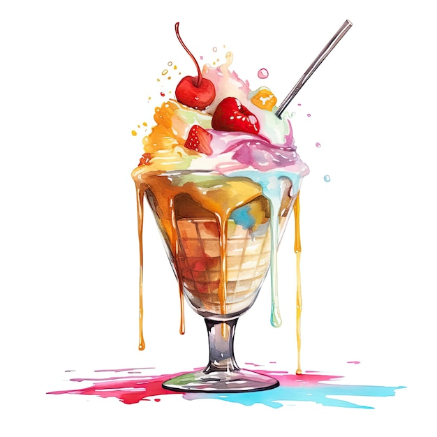 A watercolor painting of a sundae with a cherry on top.