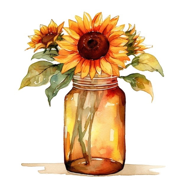 A watercolor painting of a sunflower in a mason jar with flowers.