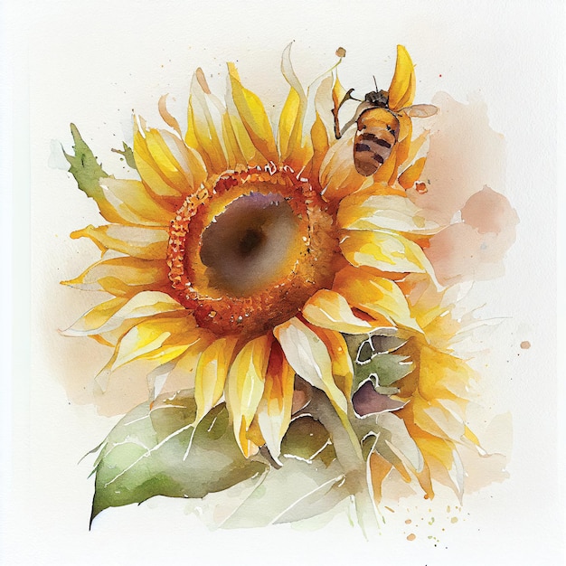 A watercolor painting of a sunflower with a bee on it.