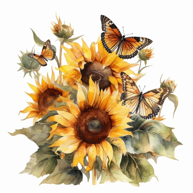 A watercolor painting of a sunflower with butterflies on it.