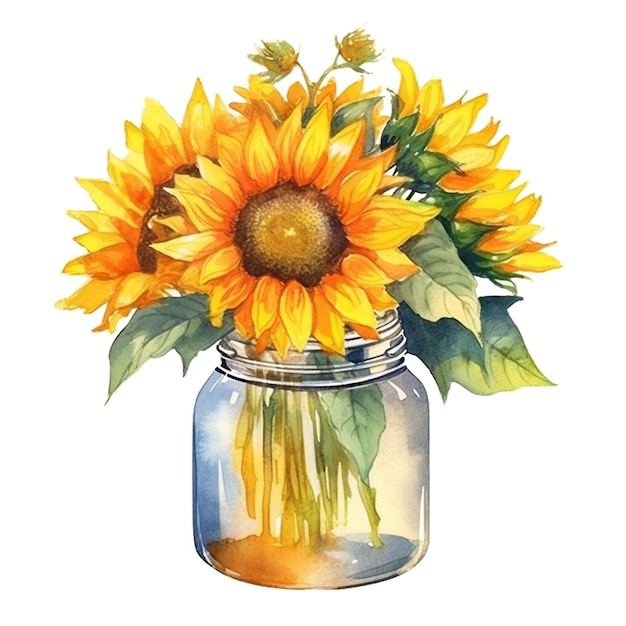 A watercolor painting of a sunflowers in a mason jar.