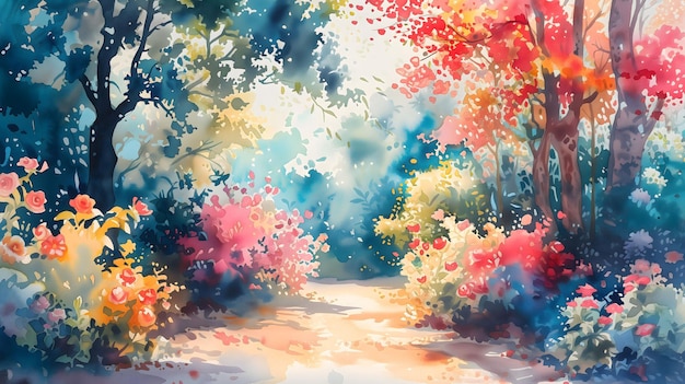 Watercolor painting of a sunlit path through a flower garden