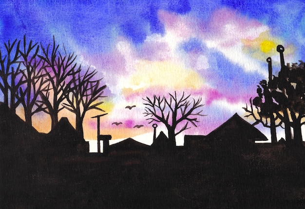 watercolor painting of sunset with tree and house silhouettes