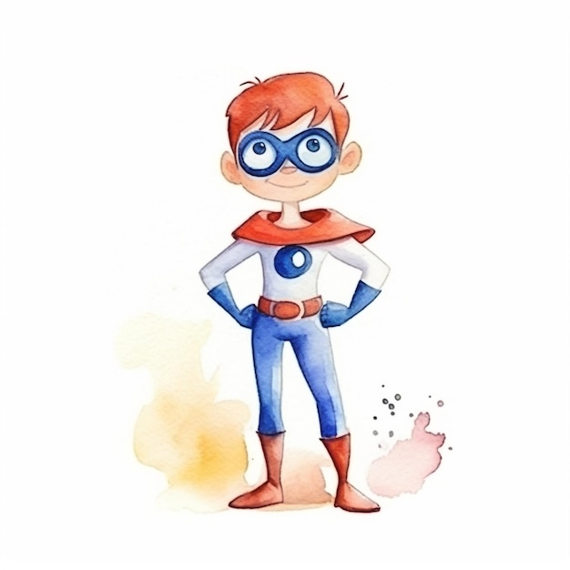 青と白のマントと胸に赤い数字の 8 を持つスーパーヒーローの水彩画。