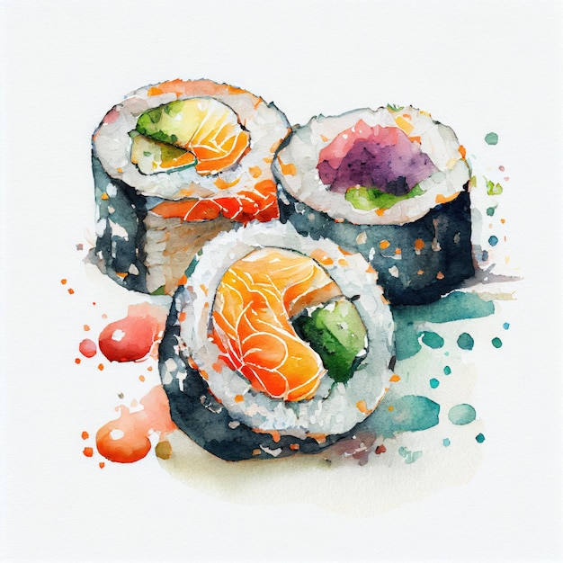 A watercolor painting of sushi with the word sushi on it.