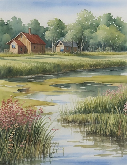趣のある木造家屋が並ぶ沼地を描いた水彩画