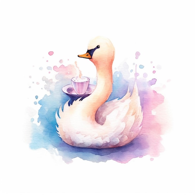 A watercolor painting of a swan drinking a cup of coffee.