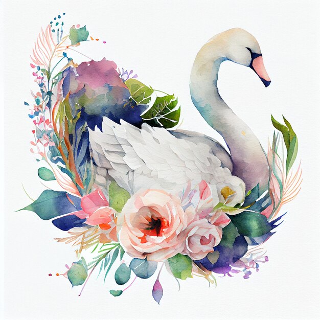 A watercolor painting of a swan with flowers and leaves.