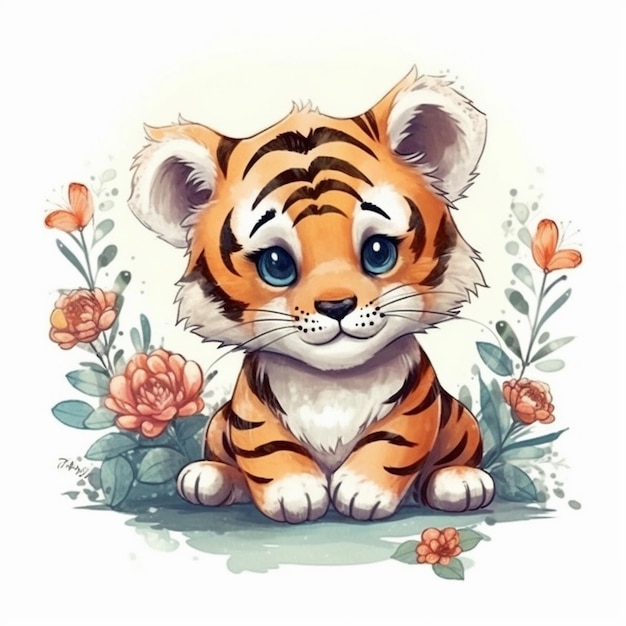 Watercolor painting of Sweet Tiger Chibi