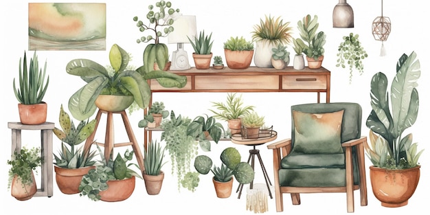 A watercolor painting of a table with plants and a green chair.