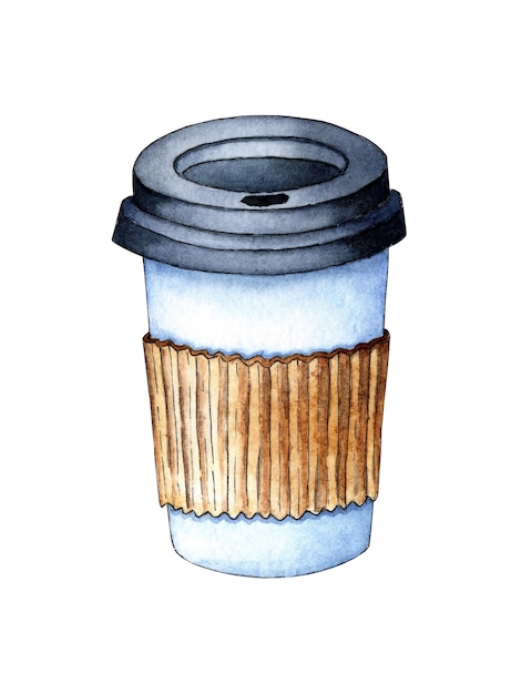 Watercolor painting takeaway coffee cup A paper or plastic cup with a lid for coffee Fast food