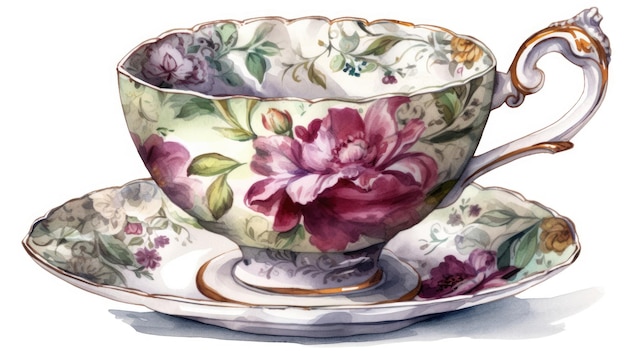 A watercolor painting of a teacup and saucer with a flower design.