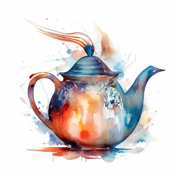 A watercolor painting of a teapot with a blue and red design.