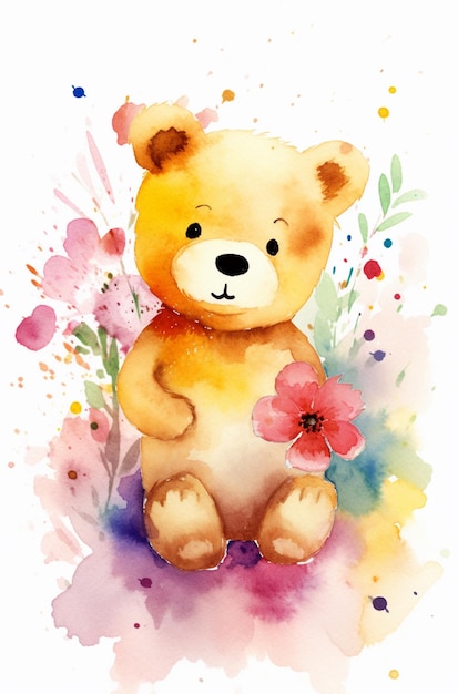 A watercolor painting of a teddy bear holding a flower.