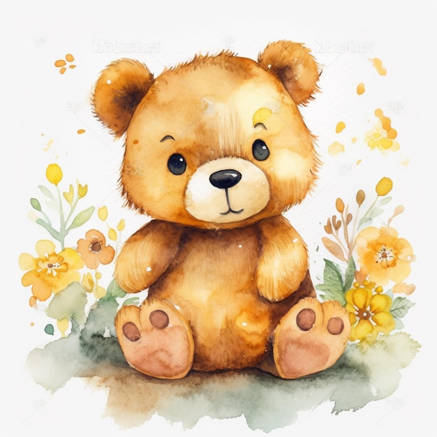 A watercolor painting of a teddy bear sitting in the grass.