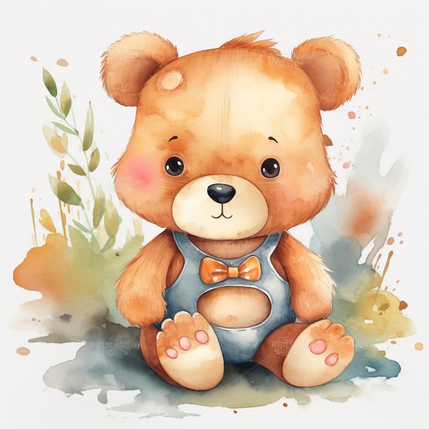 A watercolor painting of a teddy bear wearing a blue vest.