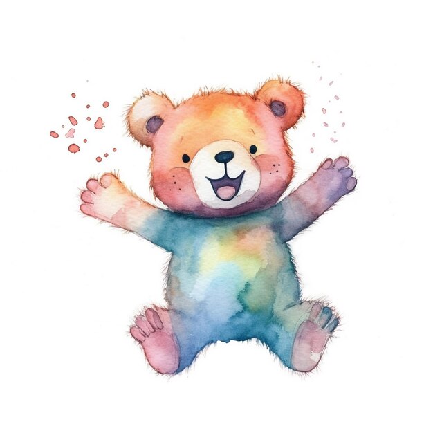 A watercolor painting of a teddy bear with a pink heart on his chest.