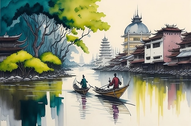 日本の寺院の水彩画