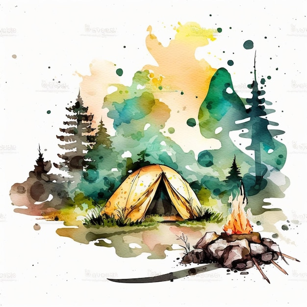 Watercolor painting of a tent and a campfire.