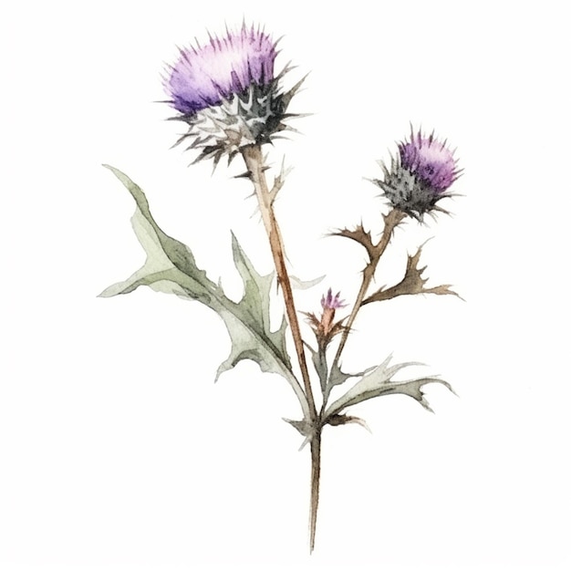 A watercolor painting of a thistle with a flower on it.