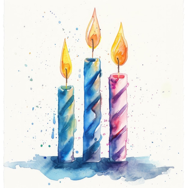 a watercolor painting of three candles with the words  birthday  on it