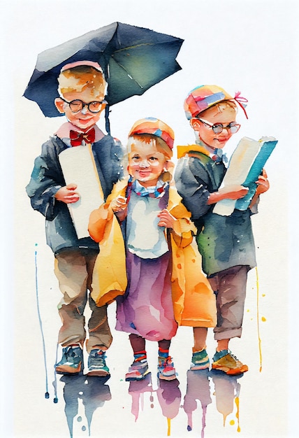 A watercolor painting of three children holding umbrellas and one of them is holding an umbrella.