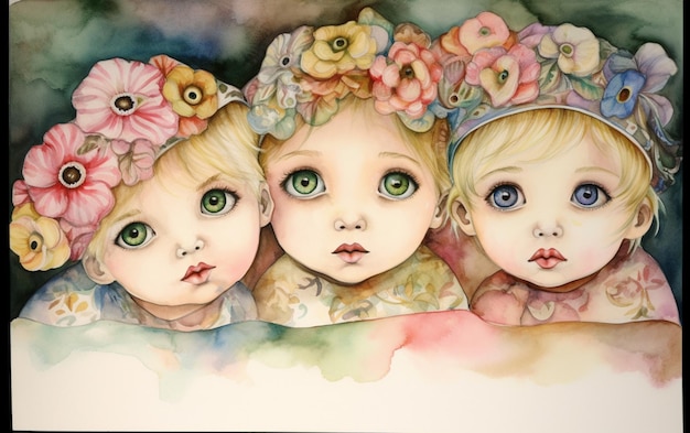 A watercolor painting of three children with flowers on their heads.