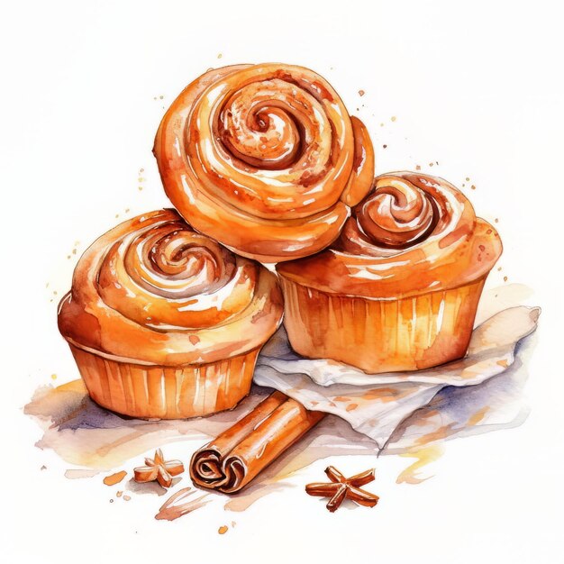 A watercolor painting of three cinnamon buns.