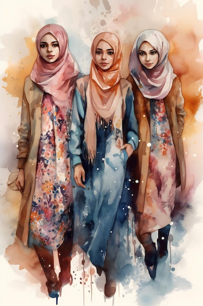 3 人の女の子を描いた水彩画。そのうちの 1 人のタイトルは「イスラム教徒」